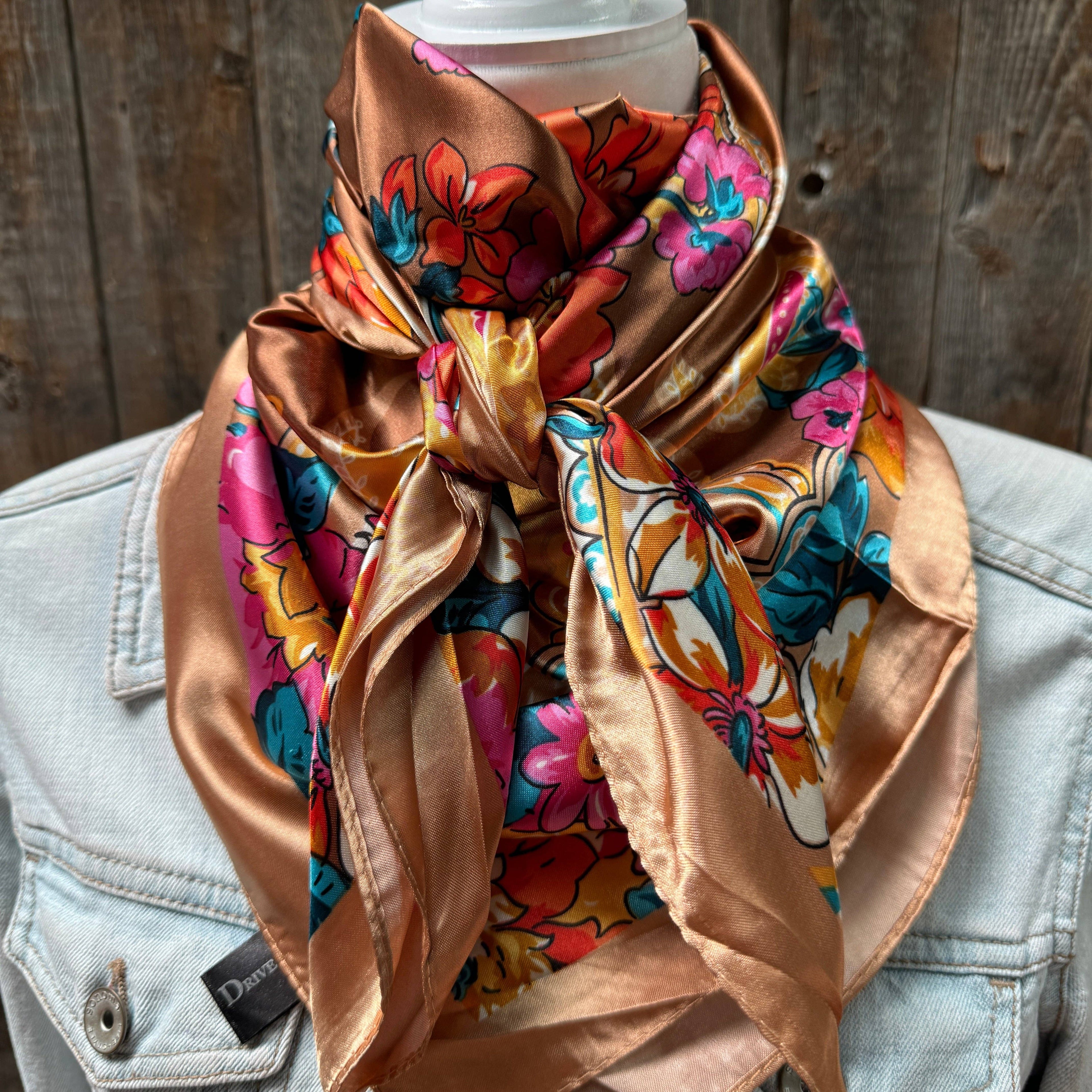 35X35" Tan Big Floral Wild Rag / Scarf WR1021